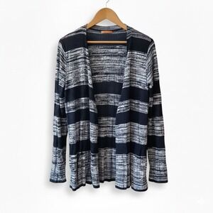 Belldini Large Striped Open‎ Crochet Cardigan Sweater Blue Gray Knit Stretch